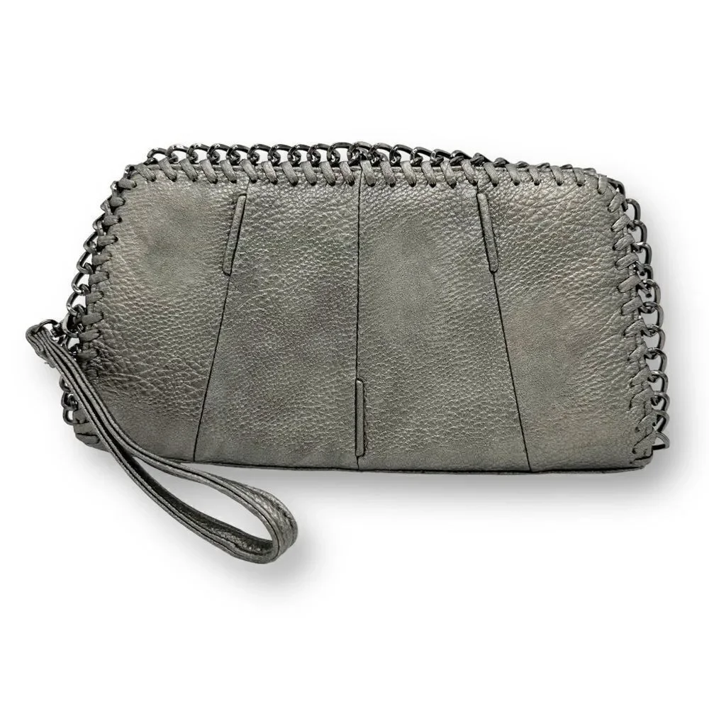 Big-buddha Pewter/Metallic Clutch With‎ Chain Accent Wristlet Vegan Leather